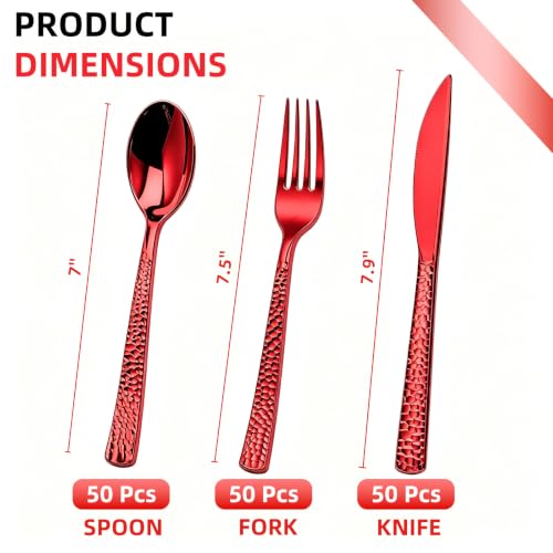 MiraFure 150 Count Red Hammered Heavy Duty Plastic Cutlery Set - 50 Forks, 50 Spoons, 50 Knives (Variation: 150 Count Red Set)