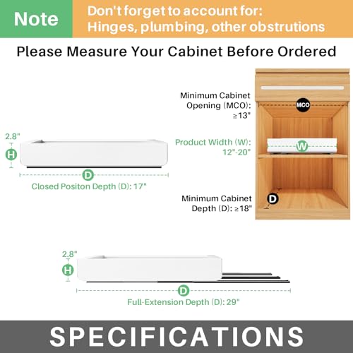 White Expandable Pull Out Cabinet Organizer 17"D×12-20"W with Heavy Duty Drawers