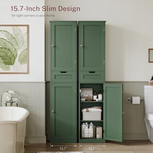TEENFON Tall Bathroom Storage Cabinet with 2 Doors & 1 Drawer, Forest Green, Narrow Design