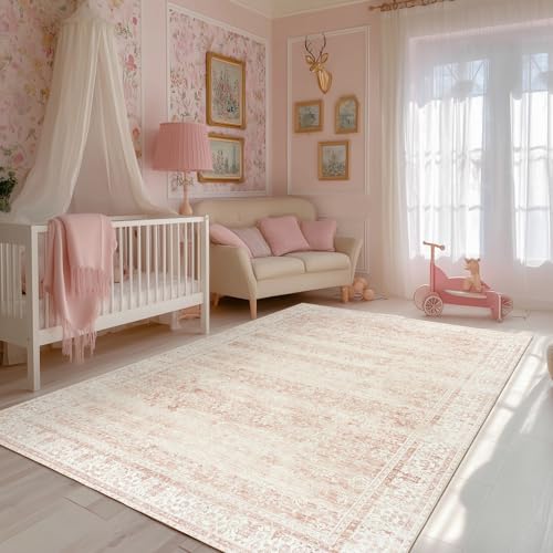 6x9 Pink Vintage Boho Floral Bedroom Rug - Low Pile Nursery Area Rug
