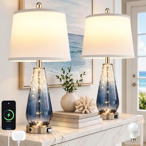 Set of 2 Blue Water-Ripple Glass Table Lamps - 27 Inch Coastal Modern Lighting Variation