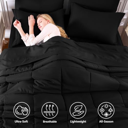 CozyLux Queen Comforter Set 7-Piece Bed in a Bag Black - Hypoallergenic Microfiber Bedding