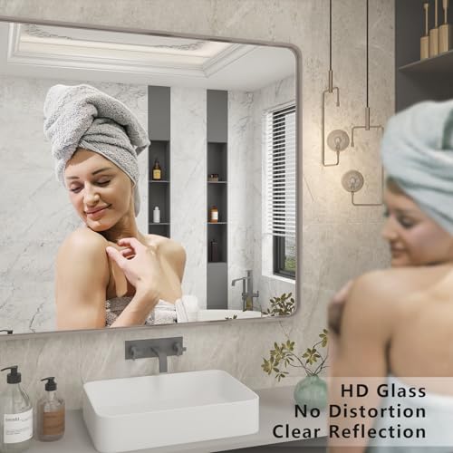 CHARMOR 28x32 Inch Silver Brushed Nickel Wall Bathroom Mirror - Vertical or Horizontal Mount, Tempered Glass
