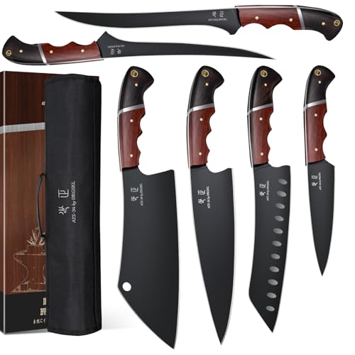DRGSKL 8.08-Inch Japanese ATS-34 Steel Kitchen Knife Set with Wooden Handles and Black Shield Coating