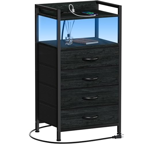 Furnulem Night Stand with Charging Station & LED Lighting, Black Oak, 4 Drawers