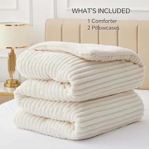 BEDELITE Queen Fleece Comforter Set Cream White - Luxury Fluffy Bed Bedding