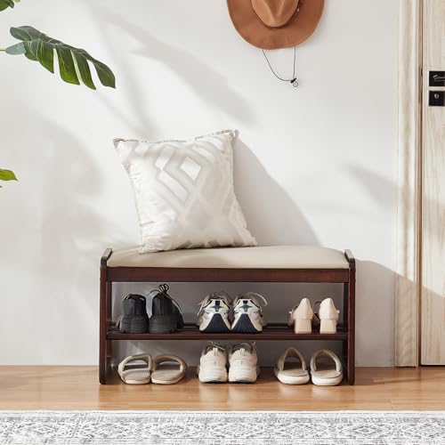 Achicsofar 2-Tier Wooden Shoe Rack Bench Beige 31.5" Entryway Storage