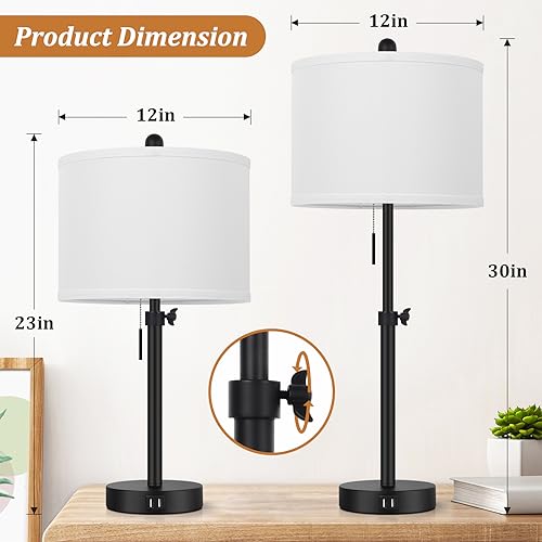 Kondras Adjustable Bedside Table Lamp Set - Black Base & White Shade, 23-30 Inches