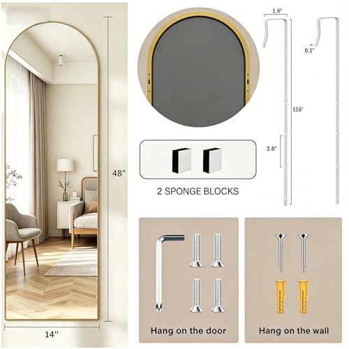 Gold 14x48 Inch Full Length Arched Wall & Door Mirror - Over Door & Wall Mountable