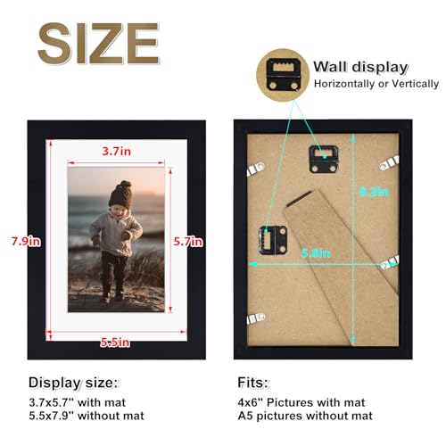 KINLINK Black A5 Picture Frame with Mat, Solid Wood, 4x6 & Wall Mount