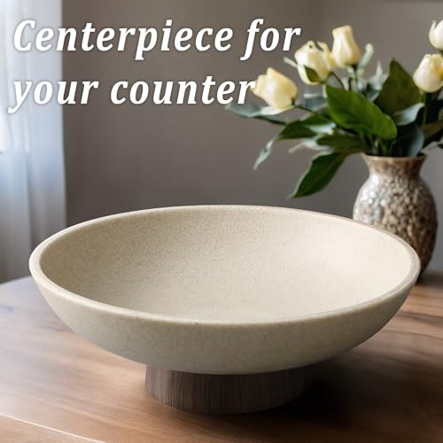 Resin Pedestal Fruit Bowl with Wood-Look Base - Large Modern Kitchen & Dining Centerpiece - Brown