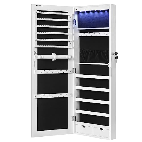 White 42.5-Inch Jewelry Cabinet Armoire with LED Lights, Wall or Door Mountable