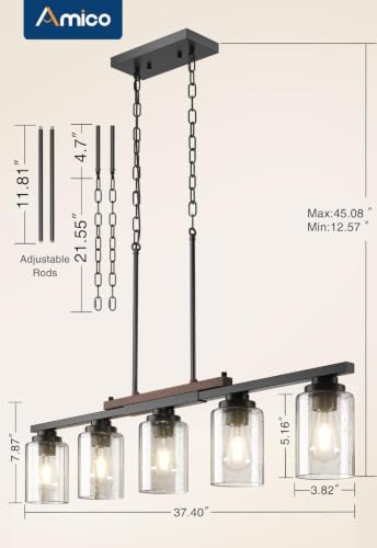 Amico 5-Light Seeded Glass Island Chandelier - Dining Room & Kitchen Pendant Light Fixture