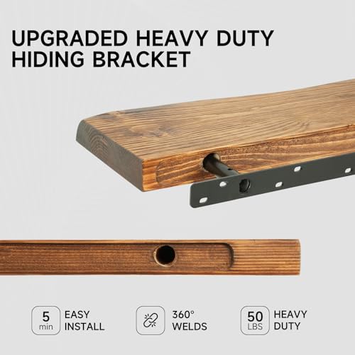 24 Inch Live Edge Floating Shelves Set of 2 - Rustic Finnish Spruce Wall Storage - Brown, Thick Edges, Easy Installation