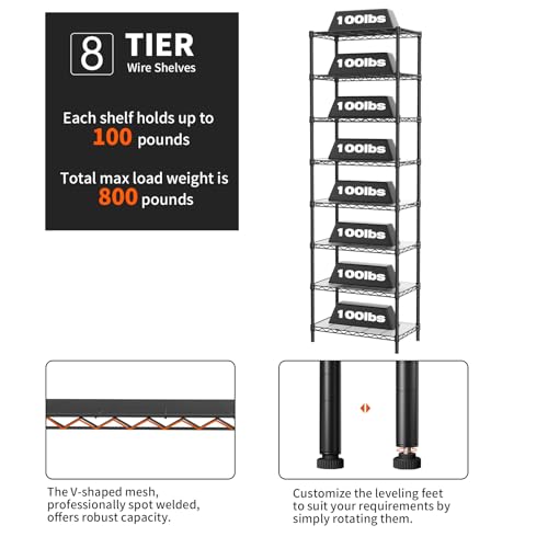 SINGAYE 8-Tier Metal Wire Closet Shelf with Wheels, 12 x 22 x 74 Inches, Black