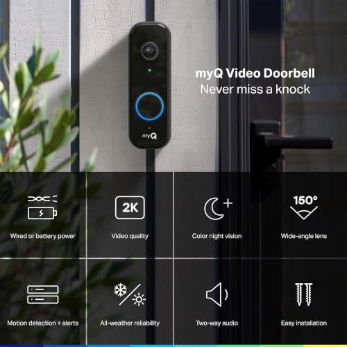 myQ Video Doorbell - 2K Camera, Battery/Wired, Color Night Vision, 150° Wide View, 2-Way Talk, Motion Alerts, Black - Variation of THIS listing