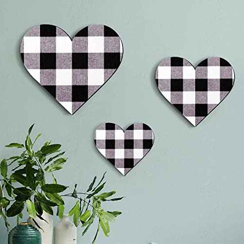 Jetec 3 Pcs Heart Shaped Wood Sign Gray Purple Buffalo Plaid Christmas Wall Decor Farmhouse Rustic Wooden Heart Hanging Wall Sign for Kitchen Bedroom Bathroom Living Room Gift, 3 Sizes