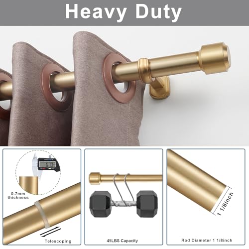 Heavy Duty Extendable Curtain Rod 1 1/8 Inch Diameter, Warm Gold, 72-144 Inches