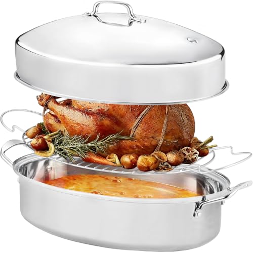 22-Inch Stainless Steel Roasting Pan with Rack and Lid for Turkey & Large Meals
