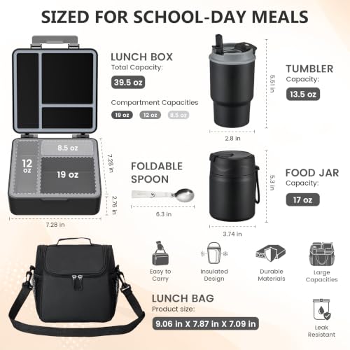 Kids Lunch Box Set with Stainless Steel Food Jar & Water Bottle - Black