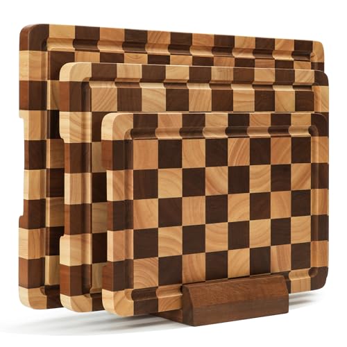 Checkered Cutting Board Set - 3 Sizes with Stand, Juice Groove & Handles