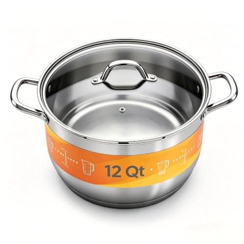 Lunalua 12 Quart Stainless Steel Stock Pot with Lid - Heavy Duty Canning & Cooking, Cool Grip Handles (1 Piece)
