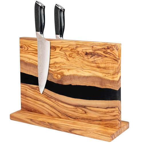 Black Olive Wood Magnetic Knife Block Stand - Holds 18 Knives & Kitchen Tools
