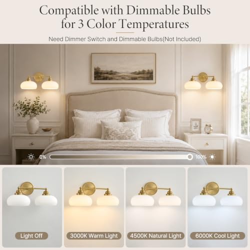 Vintage Milk Glass Wall Sconce - 2 Lights Antique Brass Bathroom Vanity Light - Antique Brass Variation
