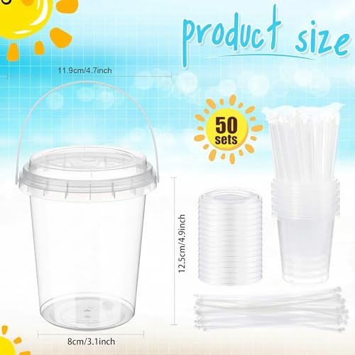 24 oz Clear Plastic Drink Buckets Set of 50 with Lids Straws Handles - PARTY & Catering Supplies