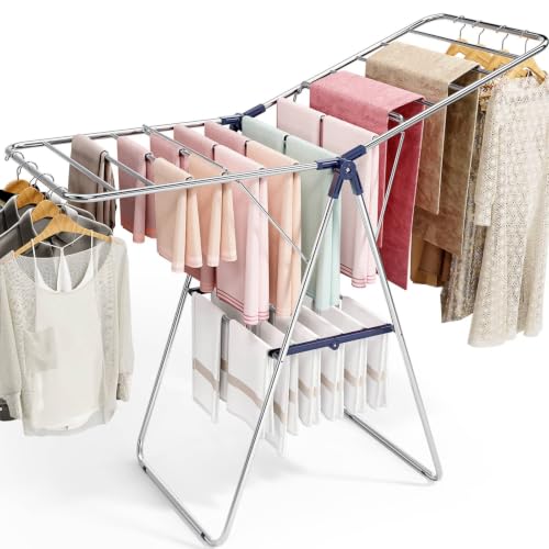 Blue Large Stainless Steel Clothes Drying Rack with 2 Wings - Adjustable & Foldable