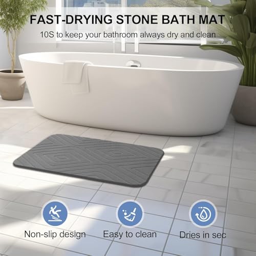 HUMIGA 2 Pack Grey Diatomaceous Earth Bath & Shower Mats Non-Slip Quick Dry Bathroom Floor Mat