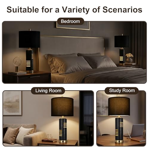 Black Faux Stone 27.5-Inch Table Lamps Set of 2 with USB & Night Light