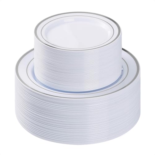 100PCS Silver Plastic Plates, Disposable Party Plates