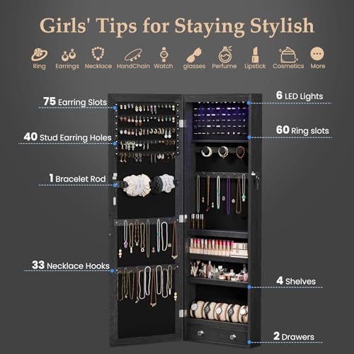 DUMOS Black Wall or Door Mounted Jewelry Organizer Cabinet with Mirror, 47.24 Inch