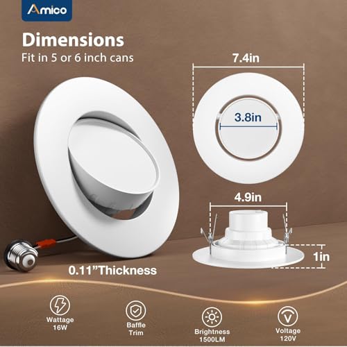 6 Inch Retrofit Eyeball Gimbal Can Lights - Metal Trim, Adjustable Angles, 6-Pack