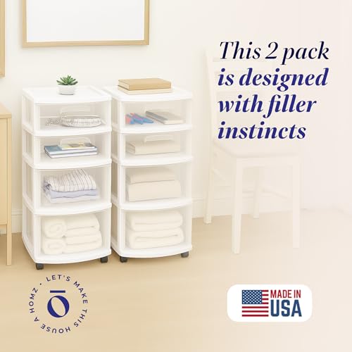 HOMZ 4-Tier Storage Cart with Removable Wheels - White, 2 Pack