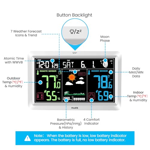 HODIK White Wireless Indoor Outdoor Weather Station with Atomic Clock & Color Display