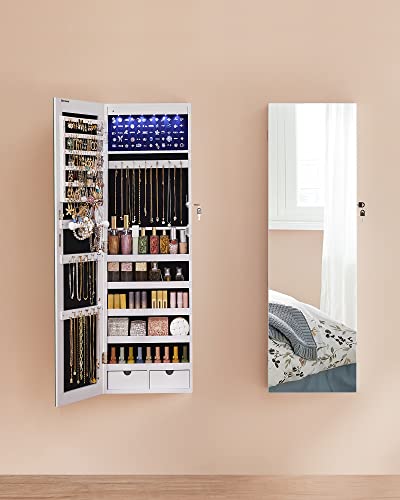 White 42.5-Inch Jewelry Cabinet Armoire with LED Lights, Wall or Door Mountable