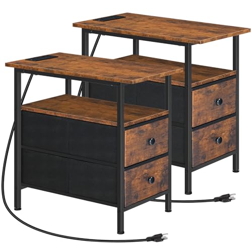 End Table with Charging Station Set of 2 - Rustic Brown and Black Nightstands with USB & Power Outlet