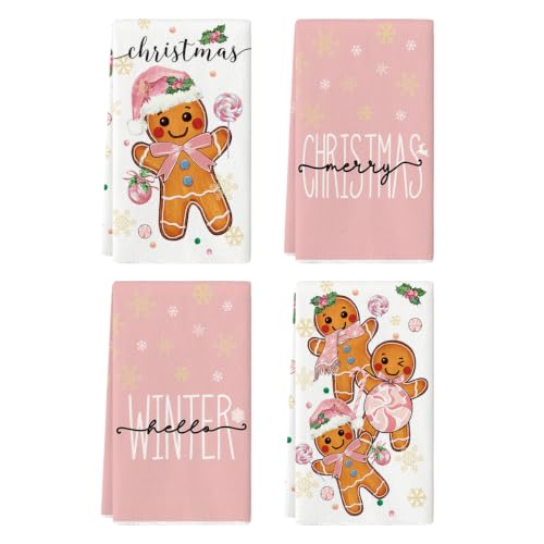 Artoid Mode Pink Gingerbread Christmas Kitchen Towels Set of 4 18x26 Inches