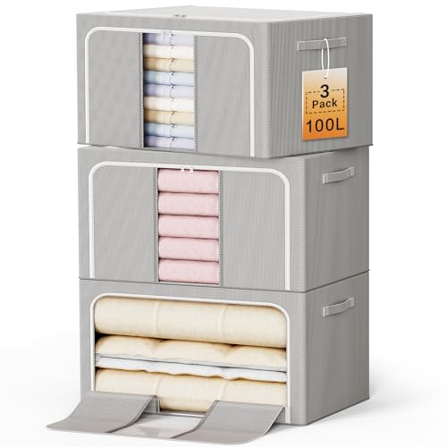 Light Gray Foldable Clothes Storage Bin 100L with Metal Frame - Pack of 3