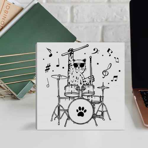 Drummer Gifts for Men Women Boy Girl, Birthday Christmas Drumming Gifts for Drummer Kids Teen Boy Girl Drum Player, Cat Playing Drums, Drum Room Man Cave Music Room Studio Wooden Box Sign