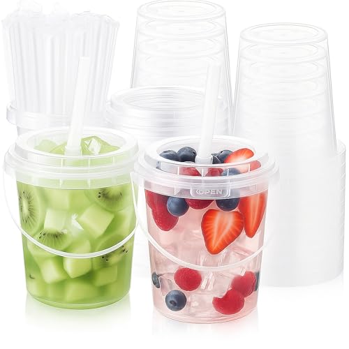 24 oz Clear Plastic Drink Buckets Set of 50 with Lids Straws Handles - PARTY & Catering Supplies