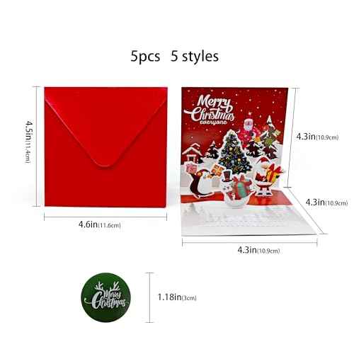 AIMI Christmas Greeting Cards 5 Pack Christmas Gift Cards with Envelopes 3D Pop Up Xmas Gift Card Bright Cheerful Prints Merry Christmas Holiday Cards
