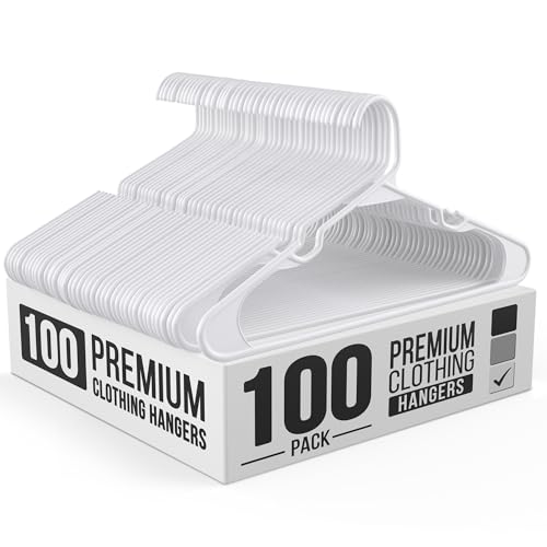 100 Pack Adult Plastic Hangers for Shirts Pants Coats Dresses & Skirts - White, Slim & Durable
