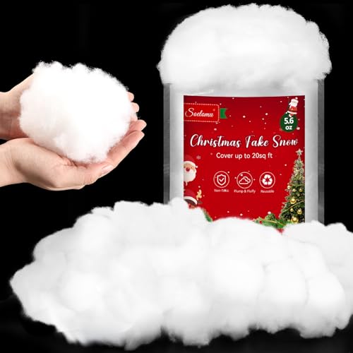 Christmas Fake Snow Decor, Artificial Cotton Snow, White Faux Fluffy Winter Decorations for Village Display, Nativity Set, Xmas Tree and Crafts (5.6oz/ 160g)