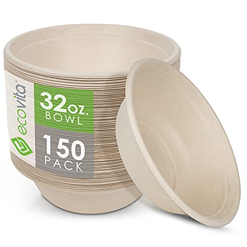 EcoVita 32 oz Compostable Paper Bowls - 150 Eco-Friendly Sturdy Tree-Free Disposable Bowls, Variation 1