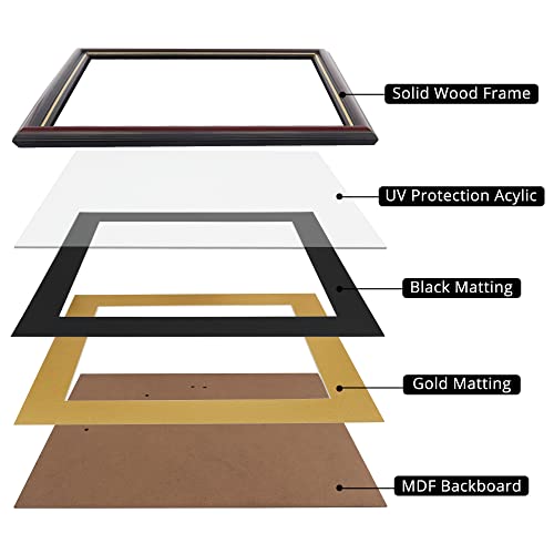 GraduationMall Cherry Finish Diploma Frame with Gold Trim for 11x14 & 15x18 Certificates, Black & Gold Mat Included