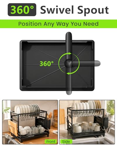 Foldable 2-Tier Dish Drying Rack with Drainboard - Black Kitchen Organizer