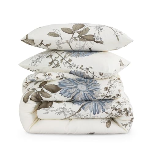 California King Floral Comforter Set - Gray Beige, 3 Pieces Cotton Bedding